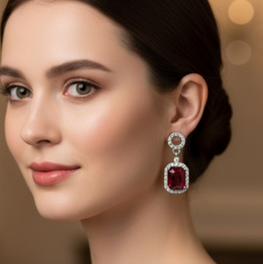 Silver-plated faux crystal earrings with high-quality red and white. 4 Cm